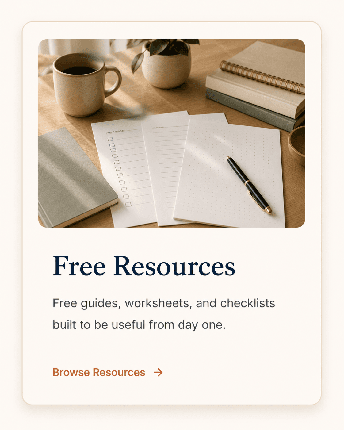 Free Resources. Downloads built to actually help. Worksheets, checklists, and starter guides.