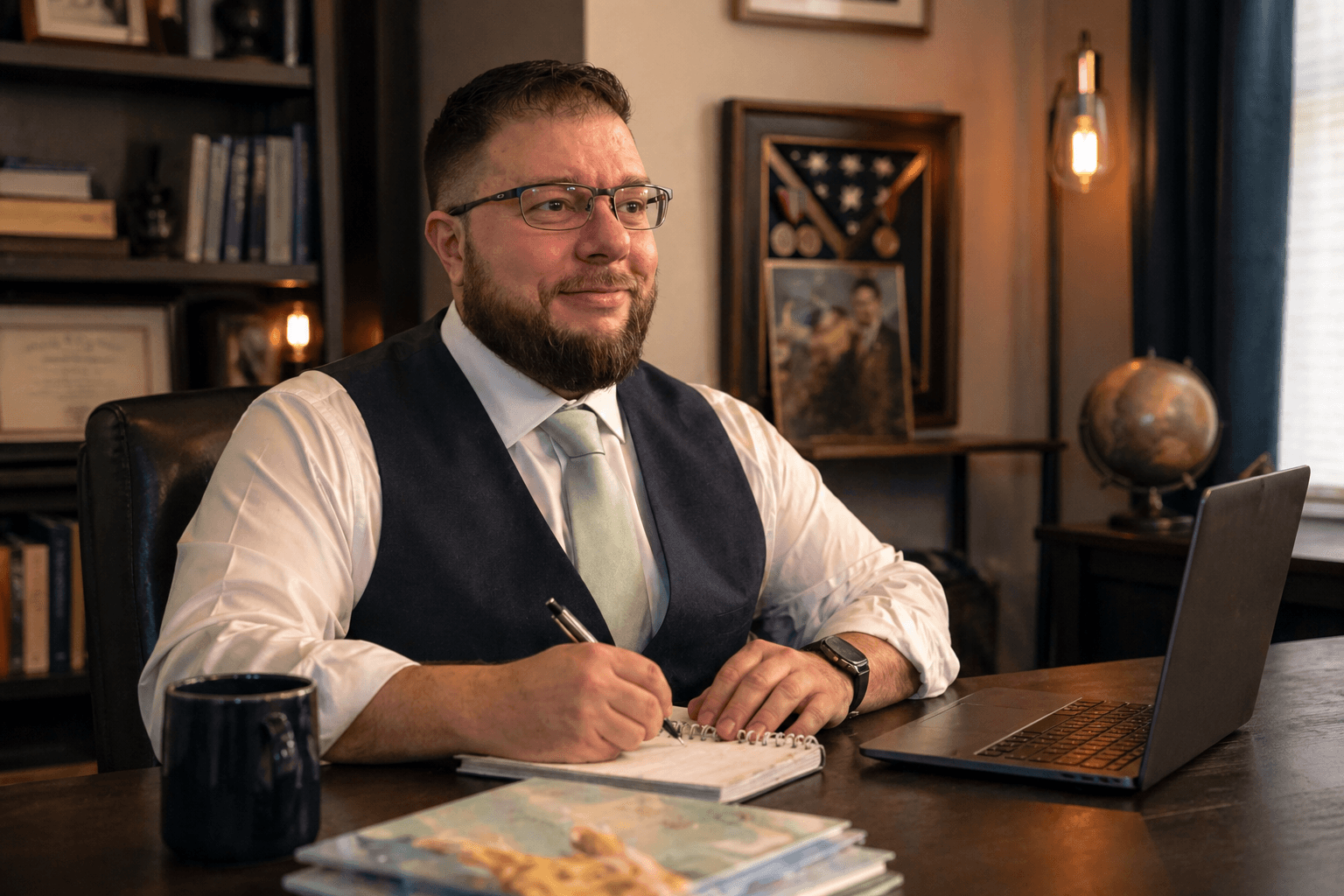 Brian Palermo writing at his home office desk with children's books on the table