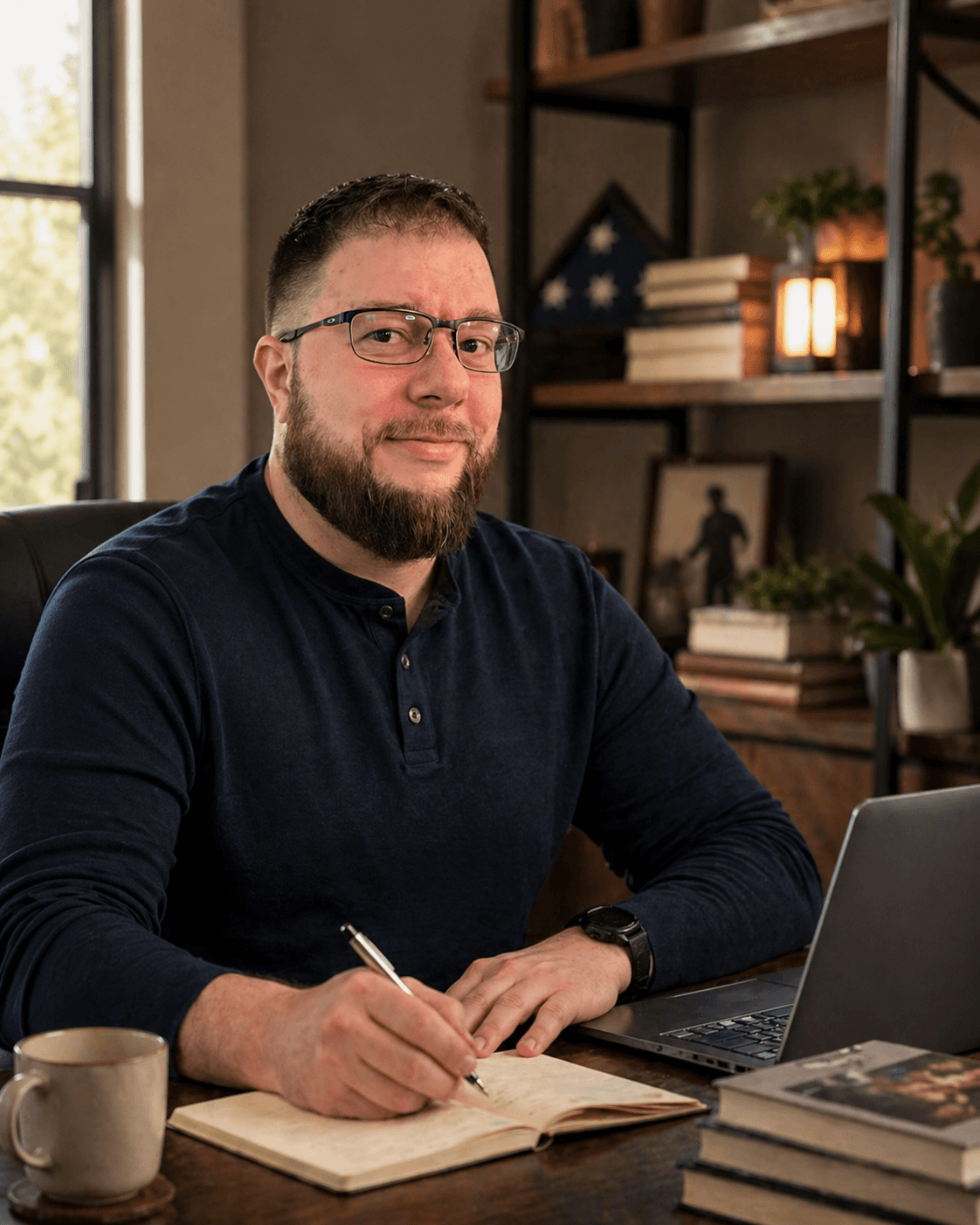 Brian Palermo at his home office desk, writing in a notebook