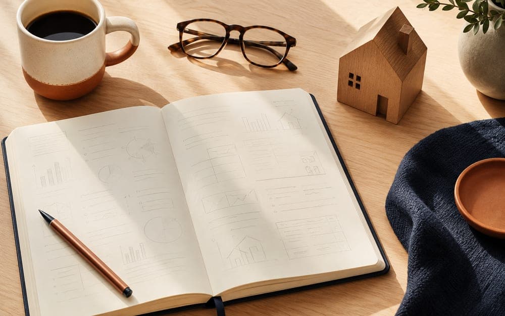 An open notebook with a hand-sketched budget, a coffee mug, reading glasses, and a small wooden house