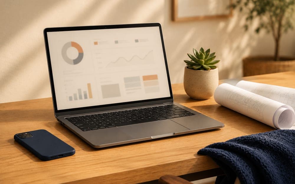 A tidy modern desk with a laptop showing a minimal dashboard, a phone, a succulent, and rolled blueprints
