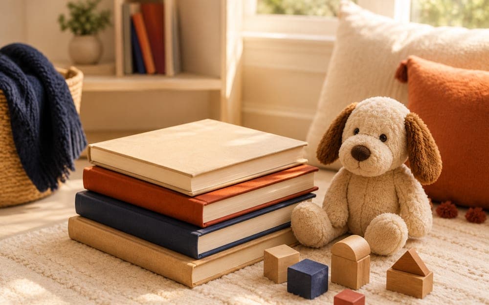 A cozy stack of colorful hardcover picture books beside a plush dog toy and wooden blocks