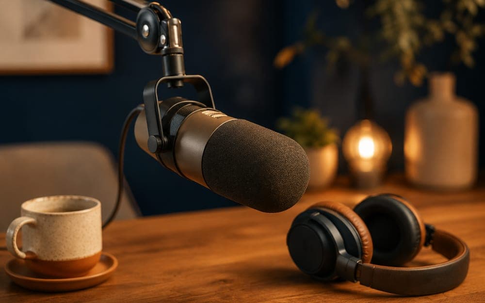 A studio podcast microphone on a boom arm with headphones resting beside it and warm bokeh lights