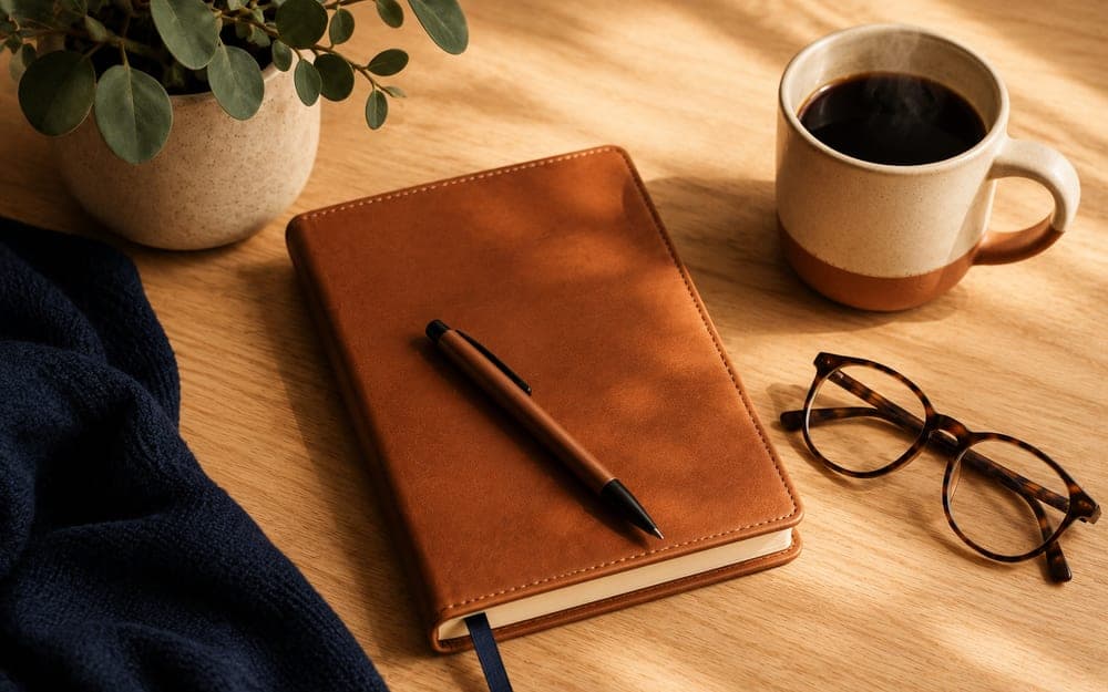 A warm desk flat-lay with a leather journal and pen, glasses, a coffee mug, and a small plant