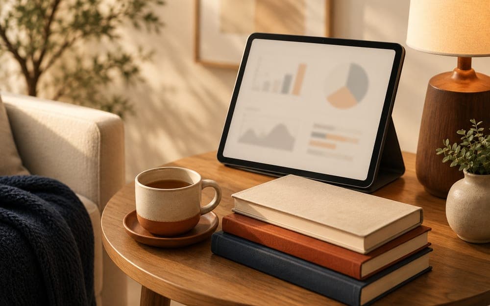 A cozy learning corner with a stack of books, a tablet on a stand, and a cup of tea under a warm lamp
