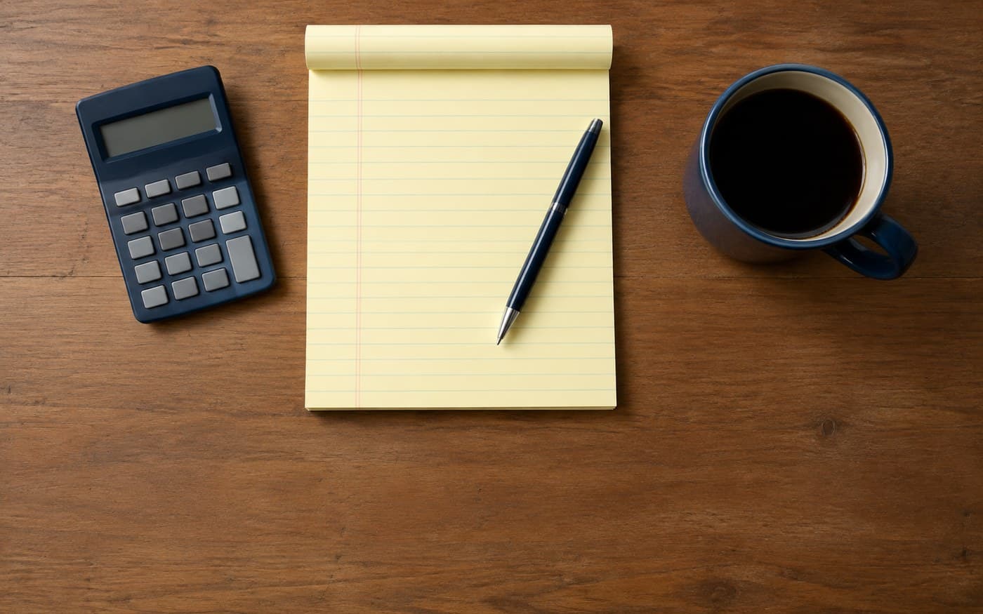 An overhead view of a desk with a calculator, a legal pad and a mug of coffee