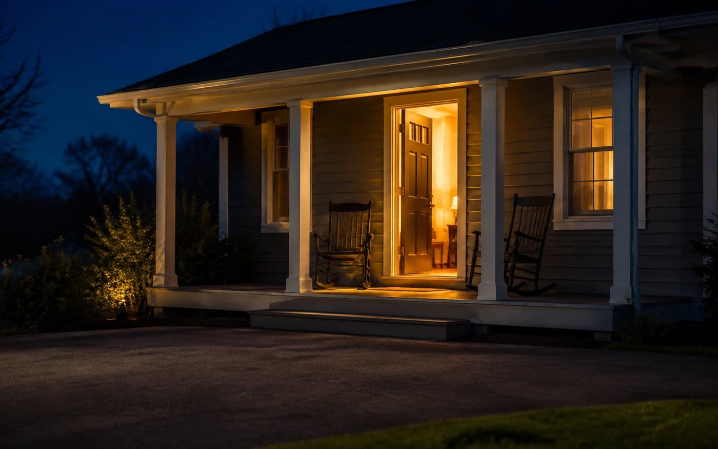 A front porch at dusk with warm light coming through the open door