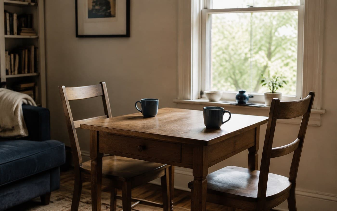 Two chairs at a table by a window with two mugs, ready for a conversation