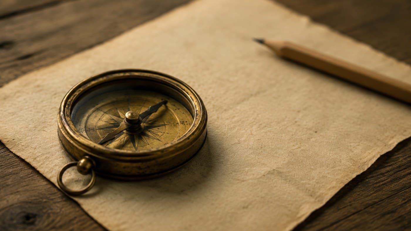 A brass compass resting on a sheet of weathered paper