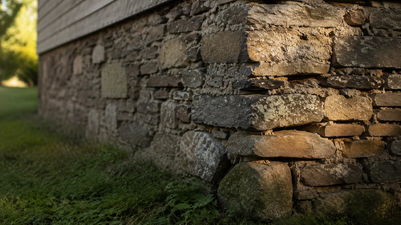 The corner of an old stacked stone foundation wall in morning light