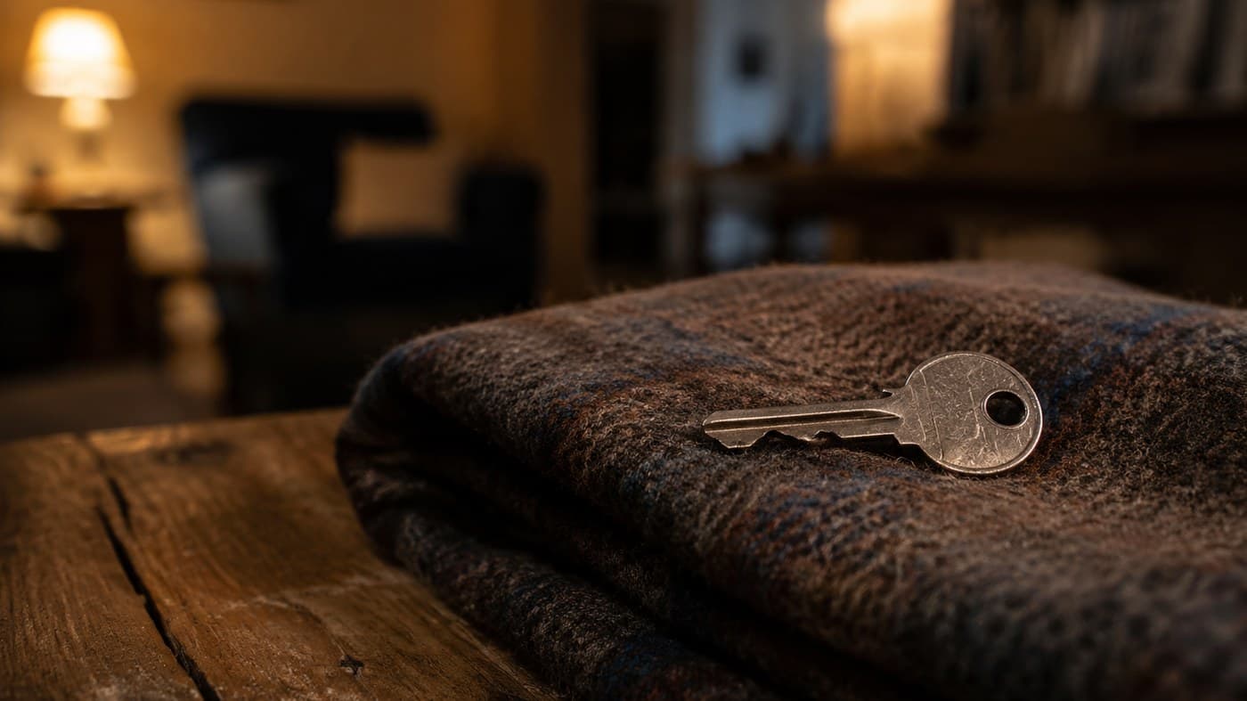 A worn house key resting on a folded wool blanket