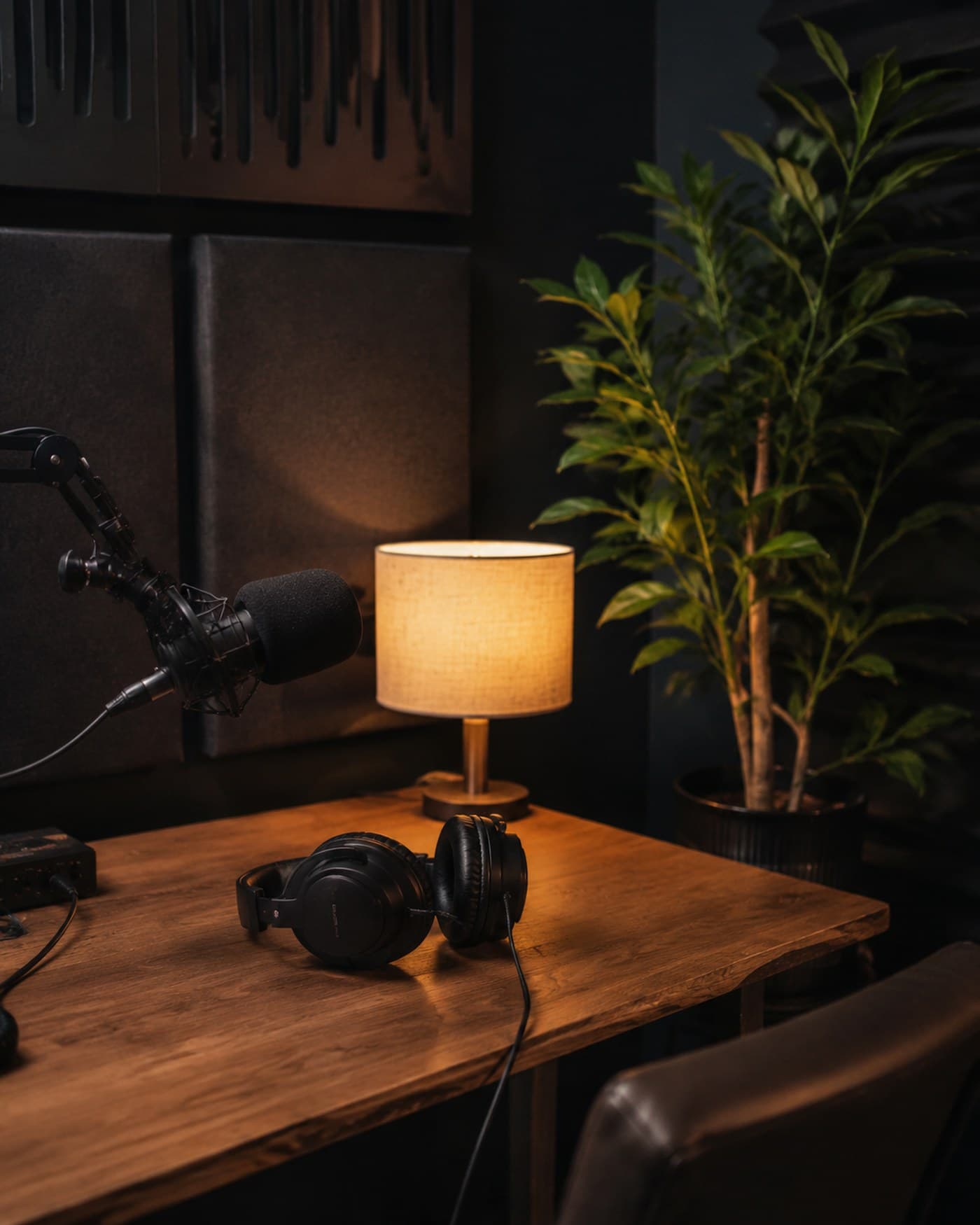 A quiet corner of a home podcast studio, headphones on the desk under a warm lamp