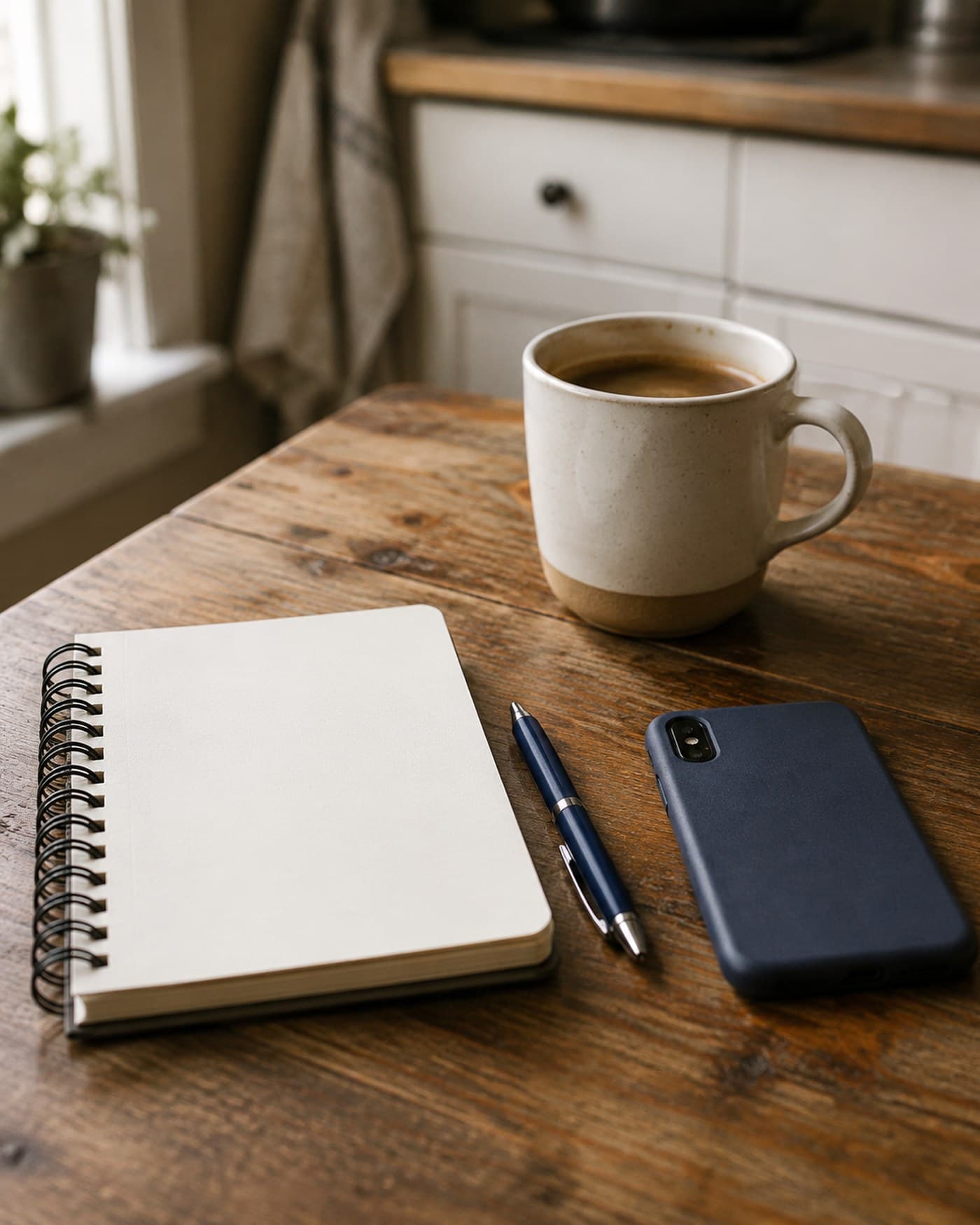A phone resting face down on a kitchen table beside a notebook and a mug of coffee