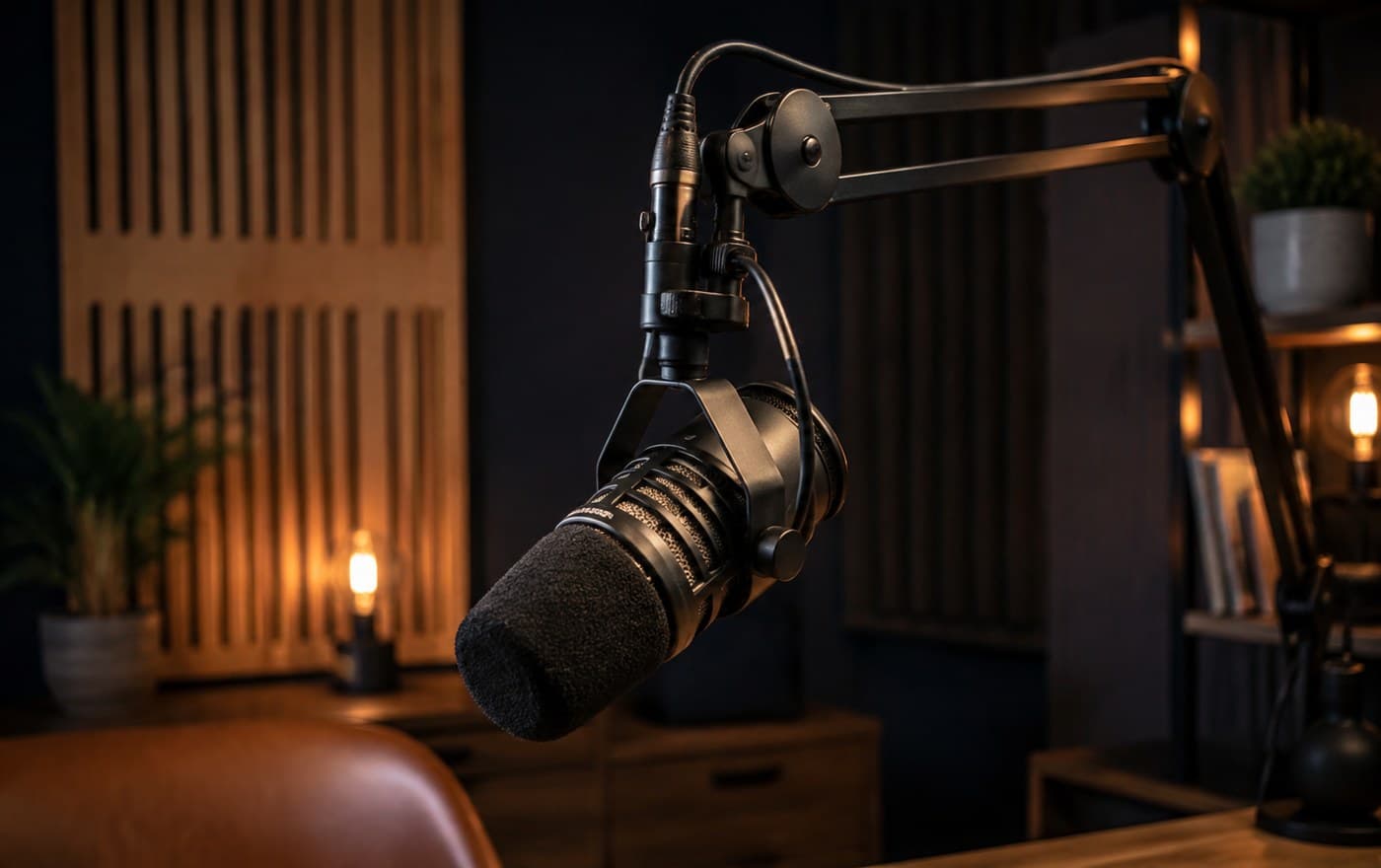 A studio microphone on a boom arm in warm lamplight