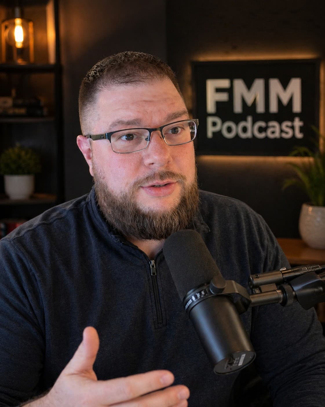 Brian Palermo recording in the FMM Podcast studio, on mic with the FMM Podcast sign on the wall behind him