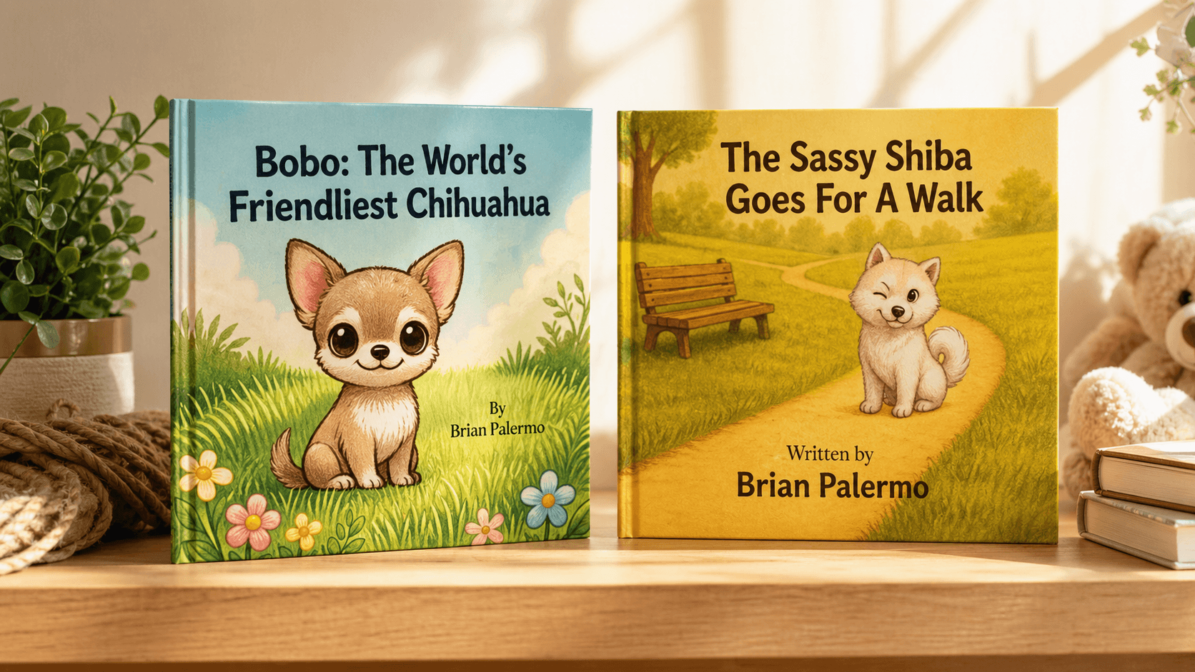 Bobo and Kyra picture books on a wooden surface