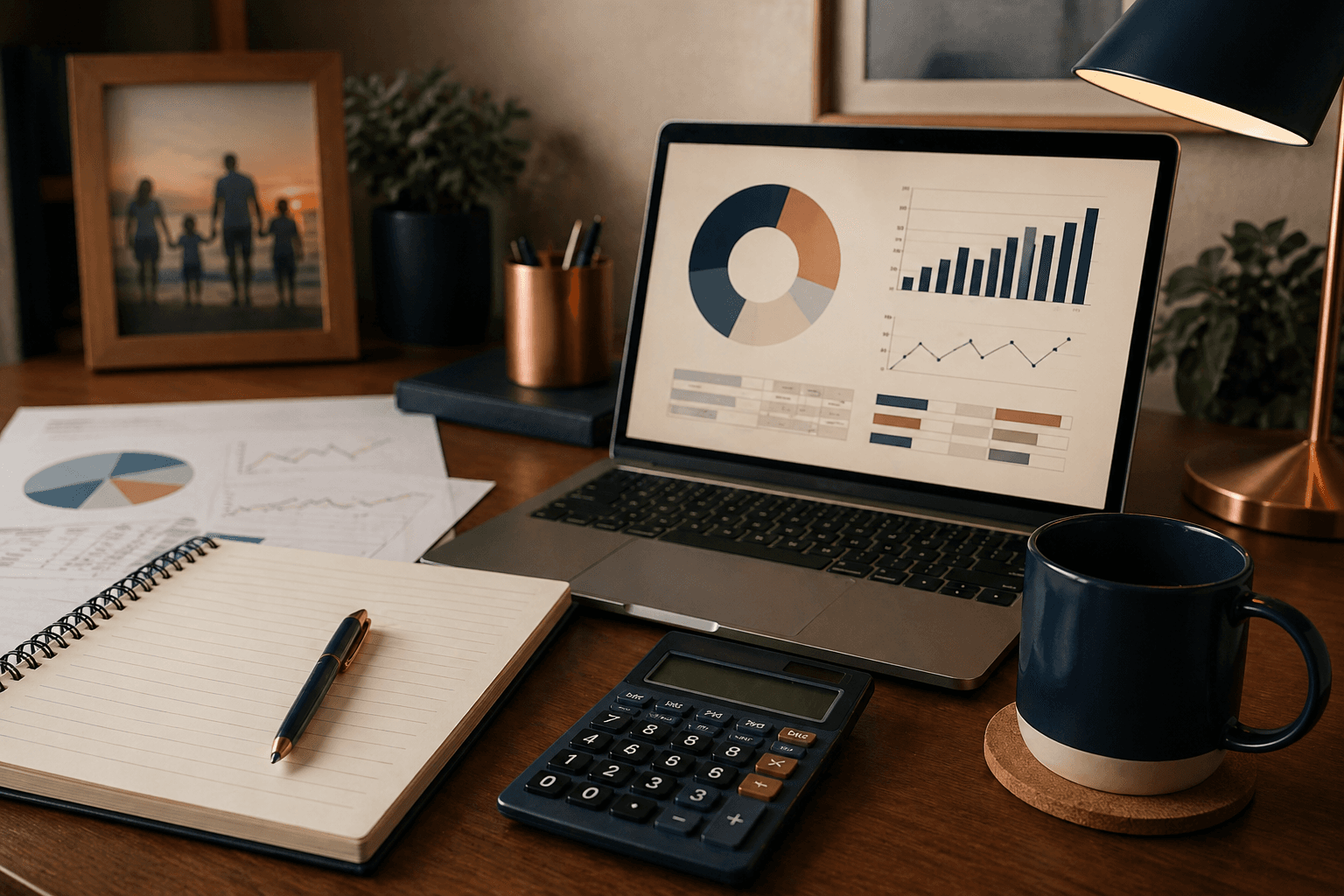 Desk with laptop showing financial charts, calculator, notebook, and a family photo